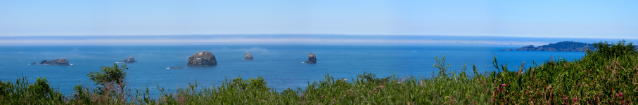 [Quite a few photos stitched together showing the large rocks in this expanse of water near level, grass and  weed-strewn land not that far above the water line.]